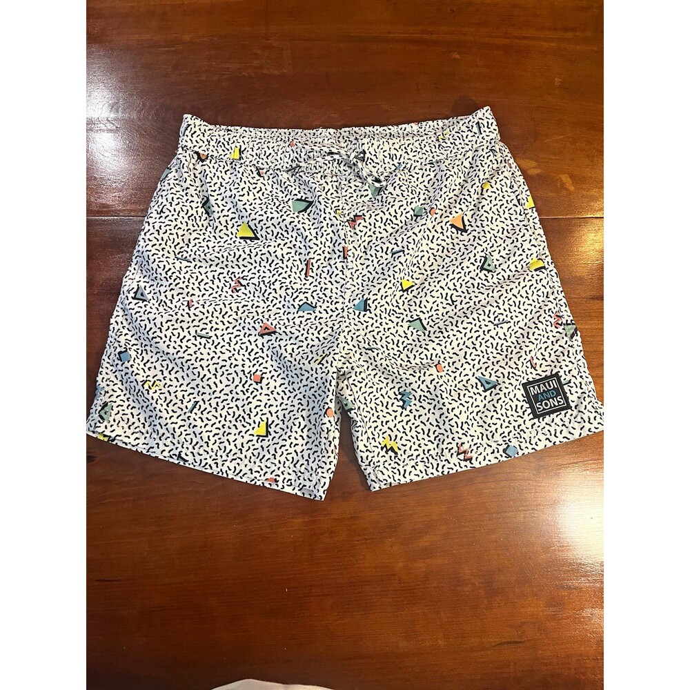 Maui and Sons Men's Swim Trunks Geometric White Multicolor Mesh Pockets L
